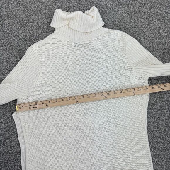 Express Ribbed Asymmetrical Hem Split Side Long Sweater Cream Large Turtle Neck - Picture 12 of 14